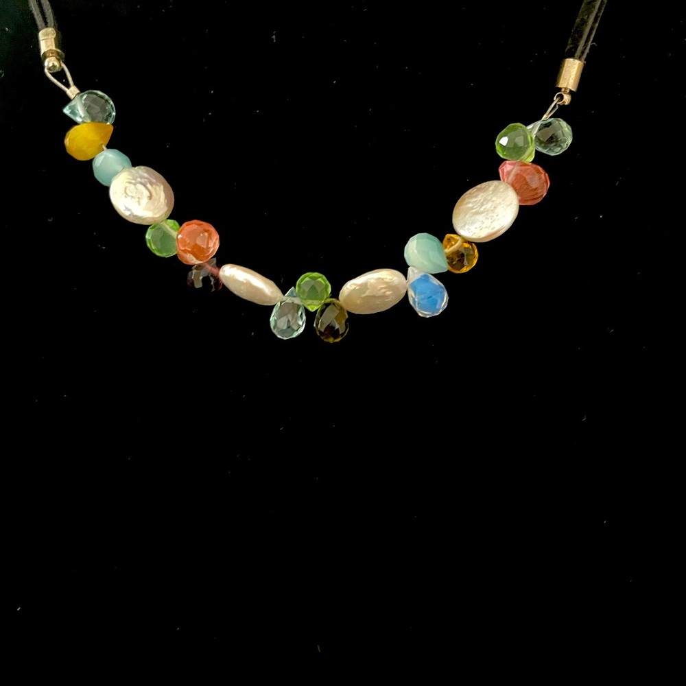 Double black cord choker with assorted color stones and beads